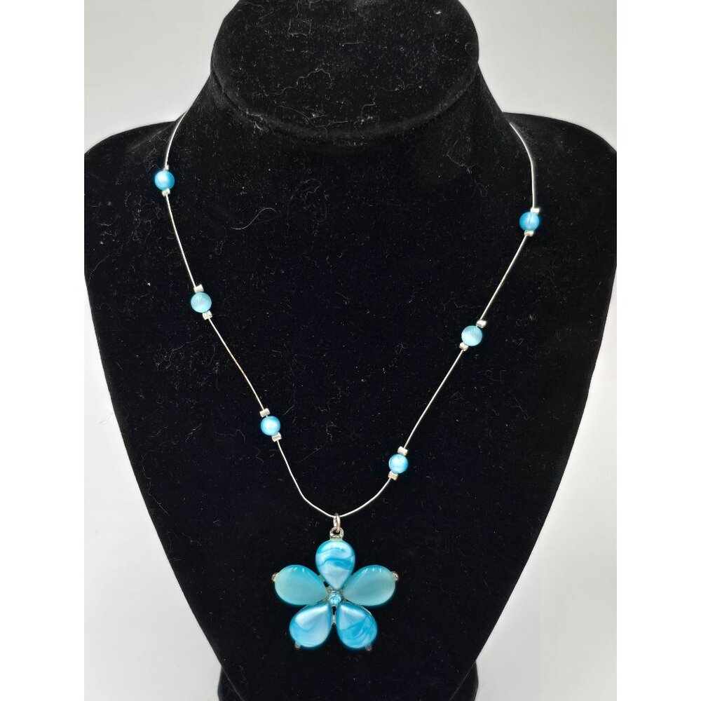 Silvertone Wire Necklace Blue Cats Eye Glass Resin Flower Pendant Jewelry - Picture 5 of 6